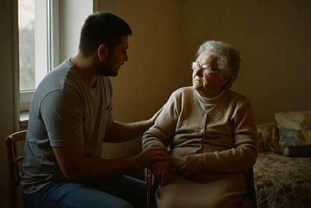 son talking to his elderly mother in her bedroom