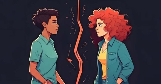 two people standing face to face with a large crack down the middle of them