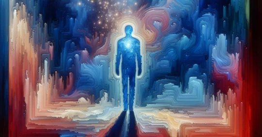 outline of a human body with a glowing blue and red colors around it