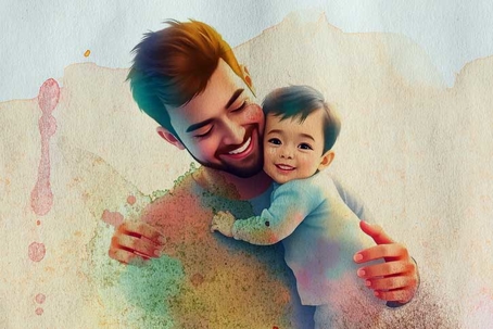 watercolor painting of a father carrying his infant child