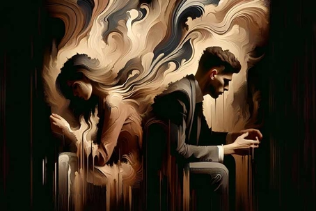 artistic illustration of a sad looking couple sitting facing away from each other