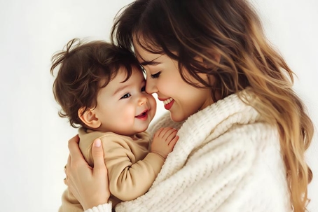 mother in a bathrobe carrying her infant child