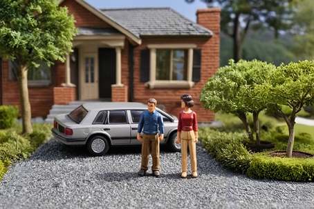 a toy model featuring a couple standing in front of their suburb house and caran