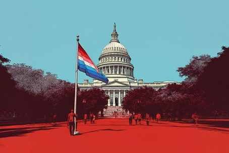 gay flag on a flag pole in front of the capitol building