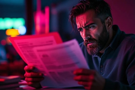 man looking upset when reading documents
