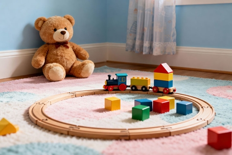 teddy bear and toy train set in a bedroom