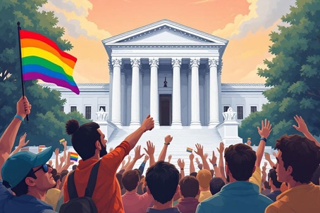 crowds of people waving gay flags in front of the Supreme Court