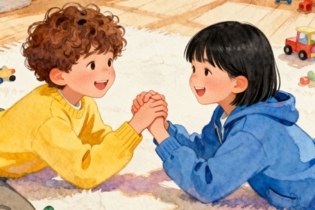a pair of siblings in a bedroom floor holding hands together