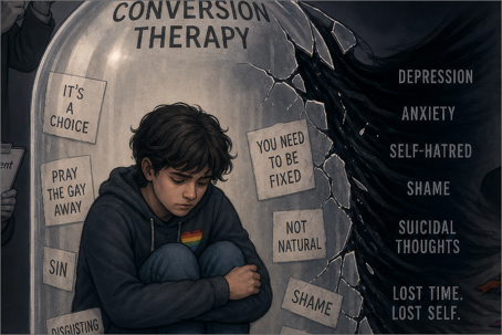 Illustration depicting the harms of conversion therapy