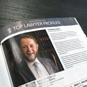 shot of Thomas Stahl in a Top Lawyer Profile in Baltimore Magazine for his award-winning work
