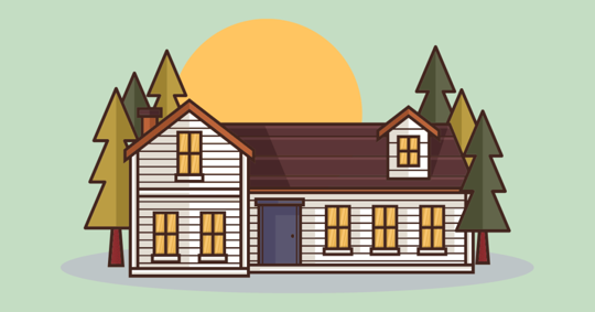 cartoon drawing of a house with trees and the sun behind it