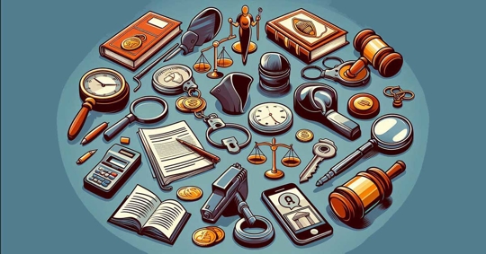A circular design with many legal and financial objects, including books, scales, magnifying glasses, and a gavel.