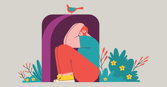 A person is hunched over, hiding in a purple archway.