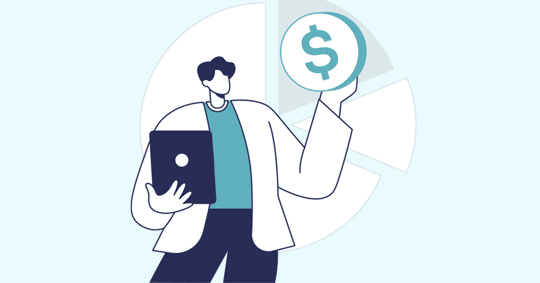 A person holds a dollar sign and a tablet.