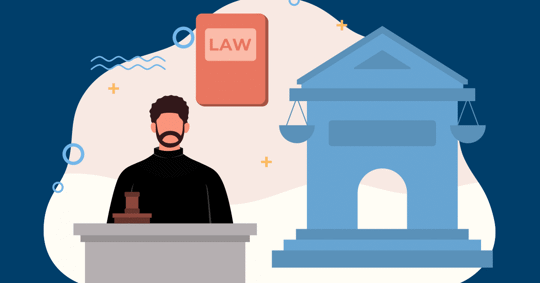 A judge sits at a desk, a law book is above, and a courthouse building with scales of justice is beside them.