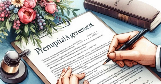 A prenuptial agreement is being signed, with hands holding a pen over the document.