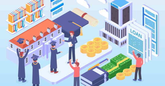 Graduation ceremony, a bank, student loans, and money.