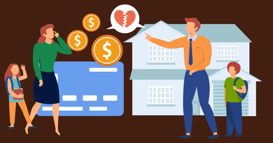 A woman, child, man, and child are near a house. Money and a broken heart are shown.