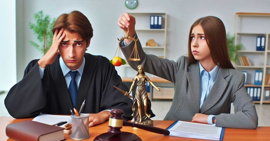 Two people in business suits, a judge looking stressed, and a scale with fruit.