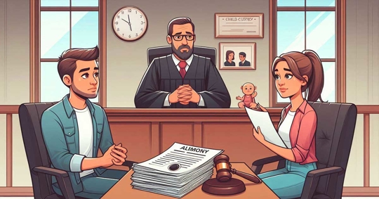 A judge sits at a desk, with two people facing him, likely discussing legal documents.