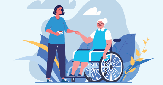 A caregiver helps an elderly person in a wheelchair.