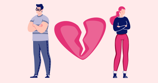 Two people, arms crossed, stand apart. A broken heart is between them.