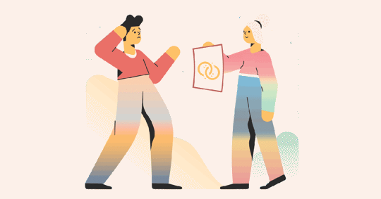 Two people, one holding a picture of wedding rings, the other looking upset.