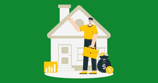 A person in front of a house, holding a briefcase and money bag.