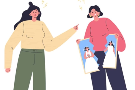 Two women are arguing, one pointing at a broken picture of two brides.