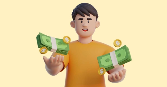 A cartoon person in an orange shirt is holding up stacks of money and coins.