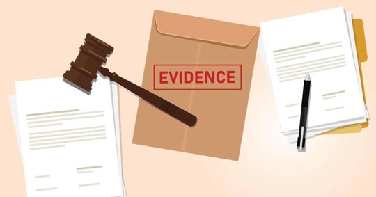 Papers, a brown envelope marked "EVIDENCE," a gavel, and a pen.