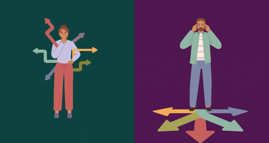 Two figures: one surrounded by many colorful arrows, the other with few, facing many directions.